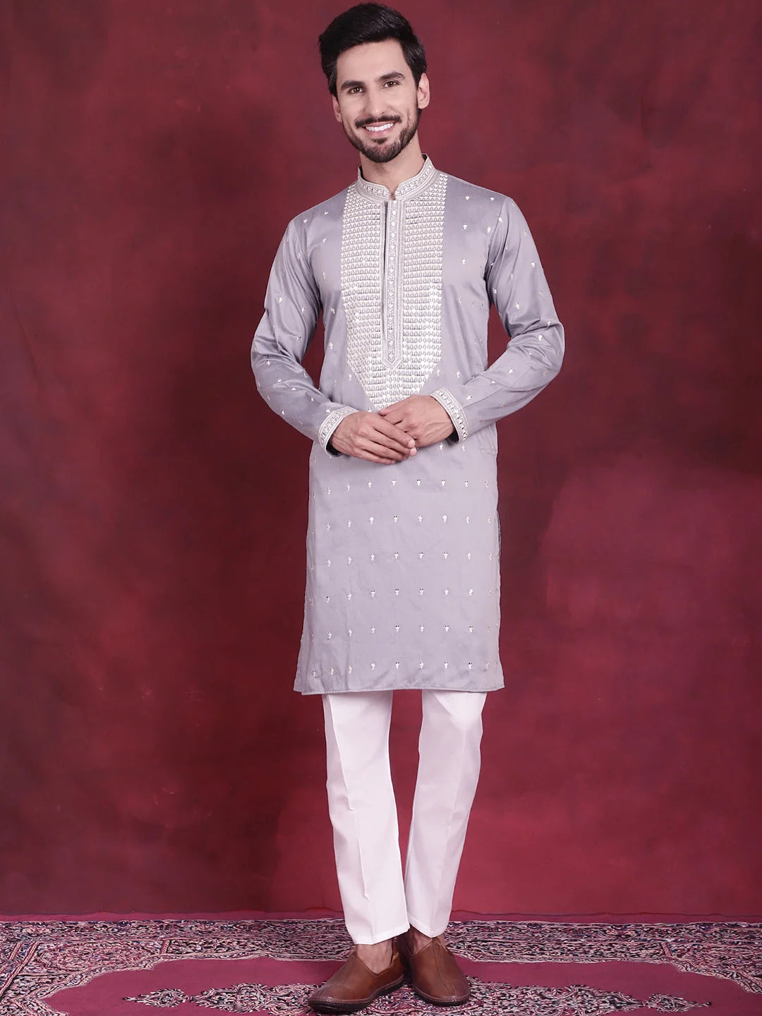 Grey Men's Kurta: Sequins Embroidered Indian Kurta for Men