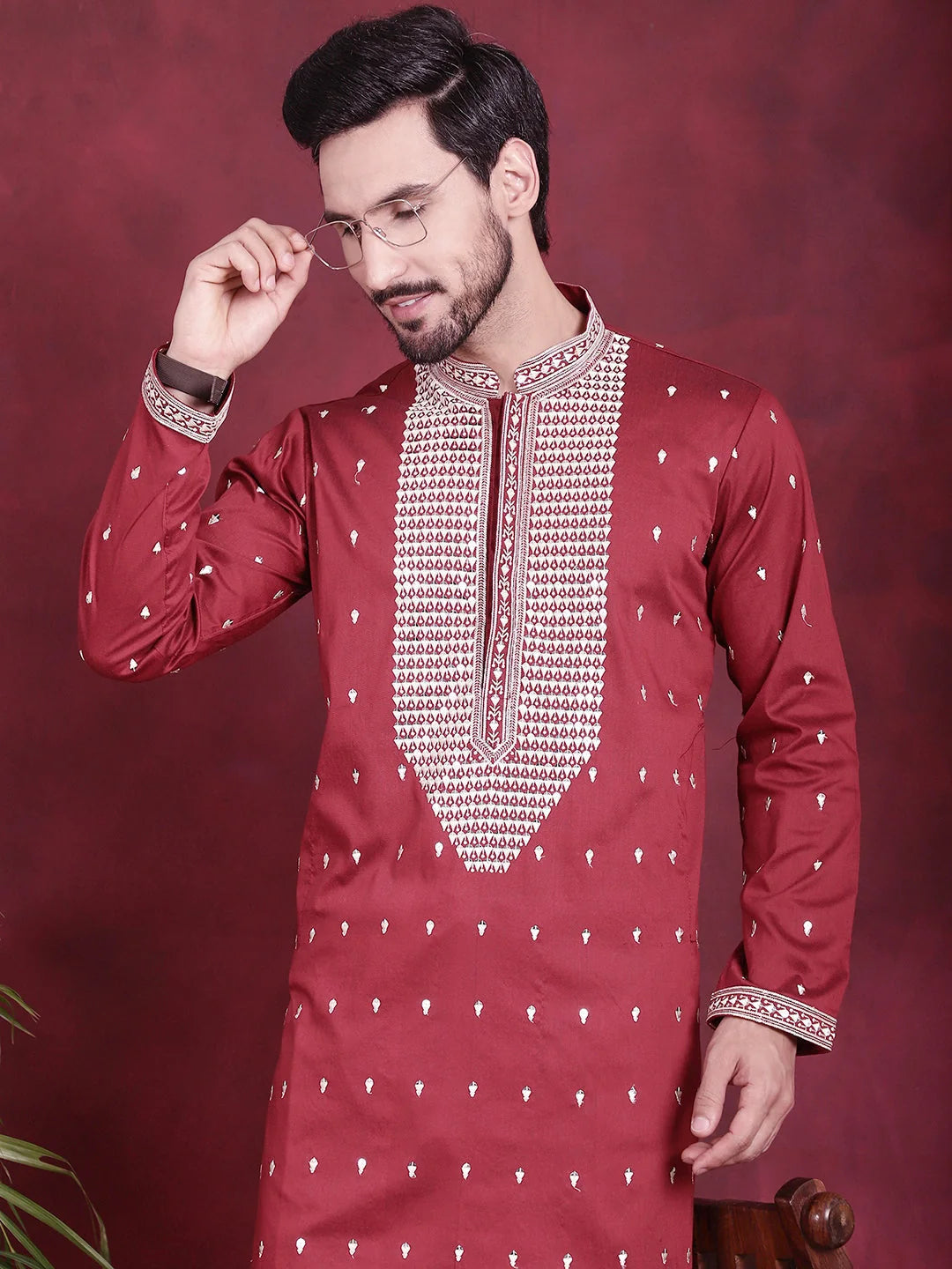 Shop Maroon Men's Kurta: Sequins Embroidered Indian Kurta for Men