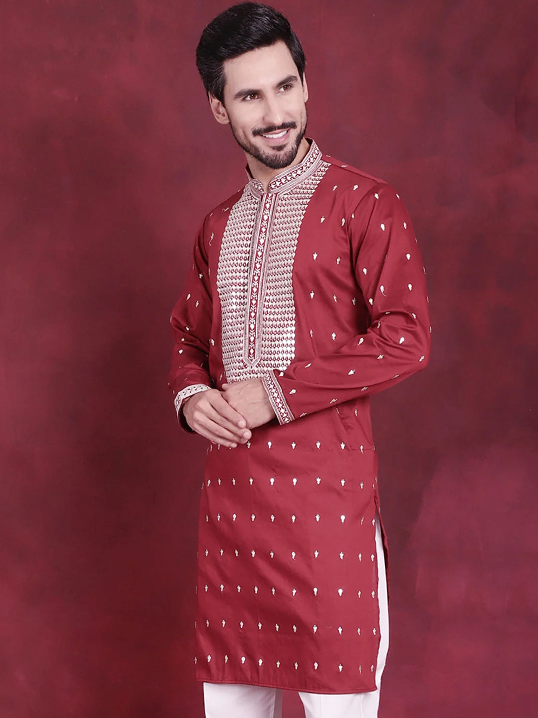 Shop Maroon Men's Kurta: Sequins Embroidered Indian Kurta for Men