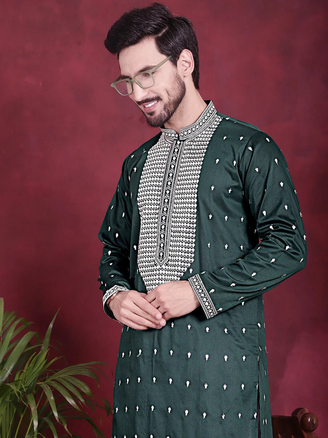 Olive Sequins Mens Kurta - Indian Kurta for Men