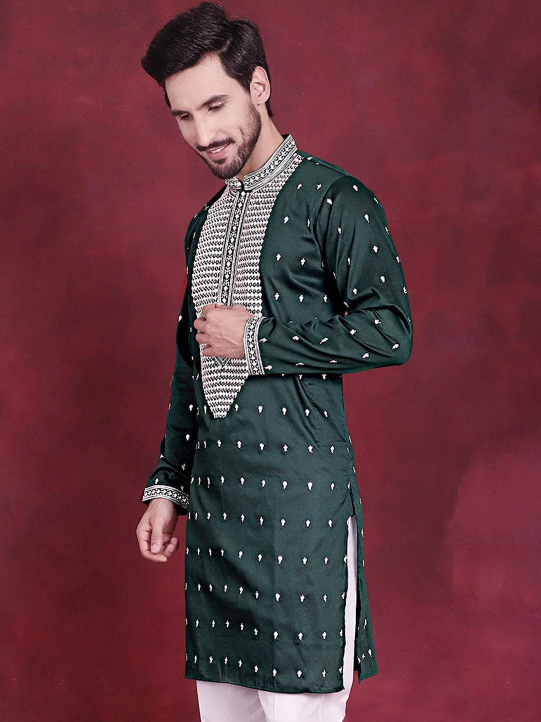 Olive Sequins Mens Kurta - Indian Kurta for Men