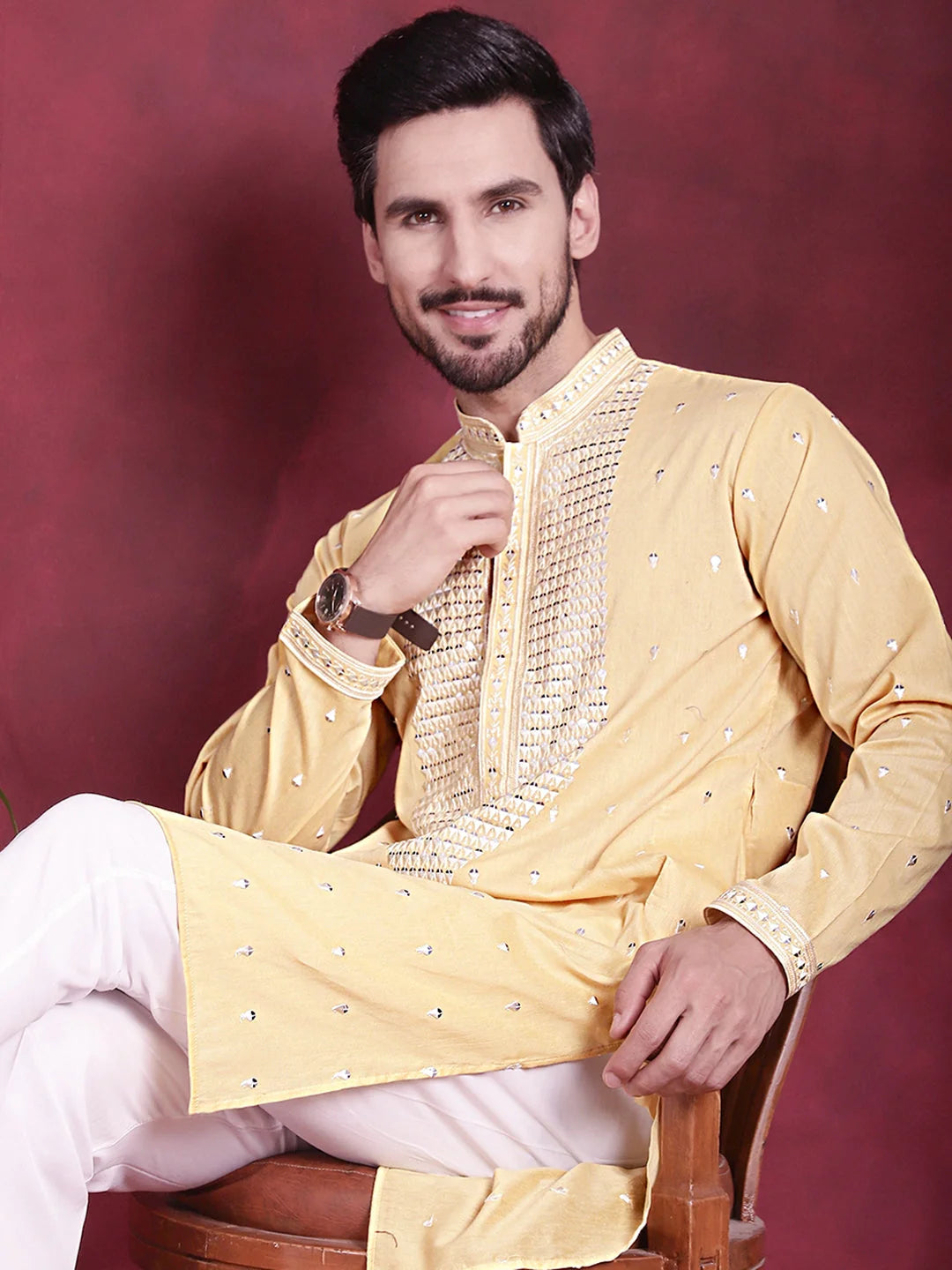 Yellow Sequins Mens Kurta - Indian Kurta for Men Online