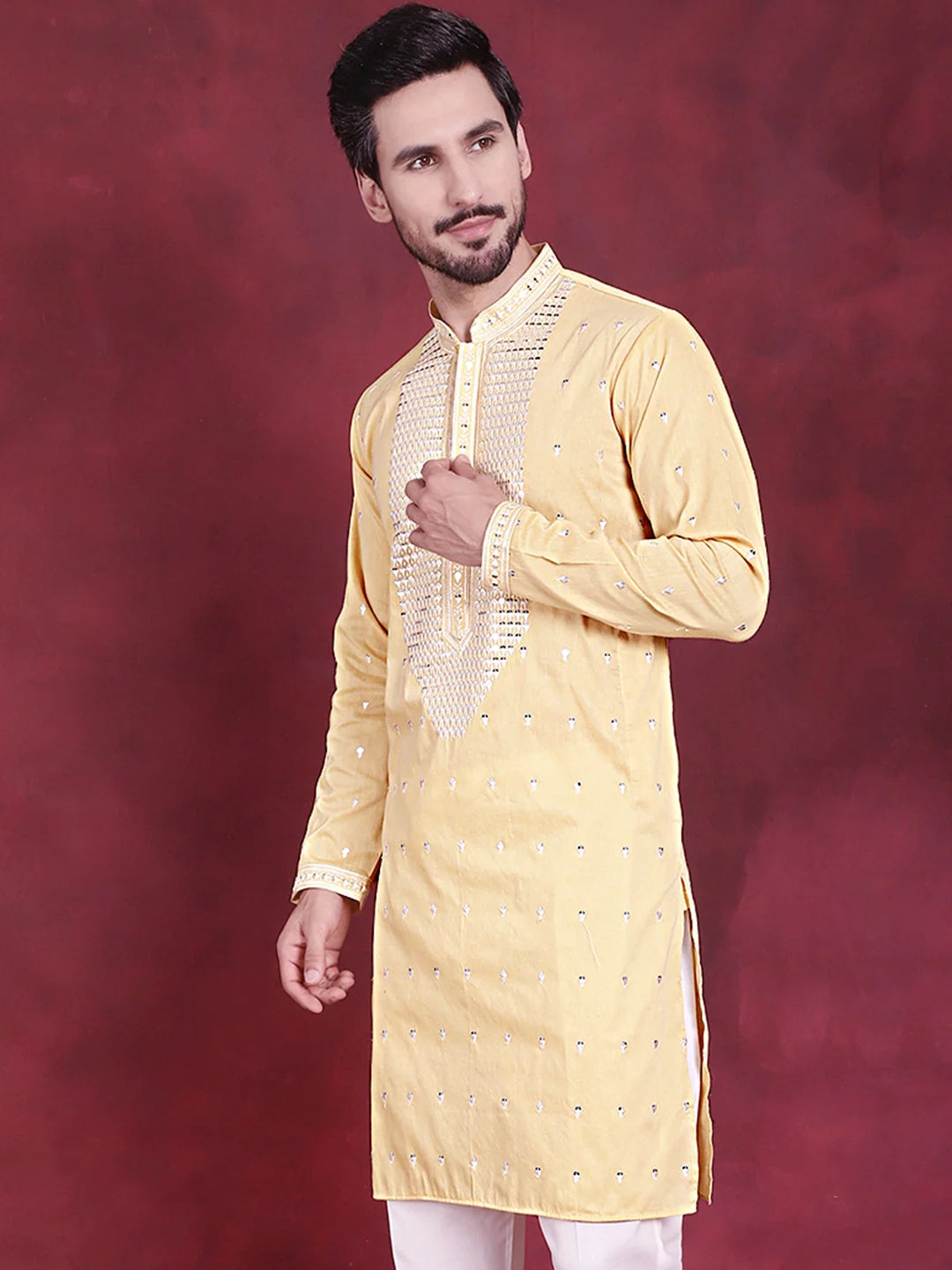 Yellow Sequins Mens Kurta - Indian Kurta for Men Online