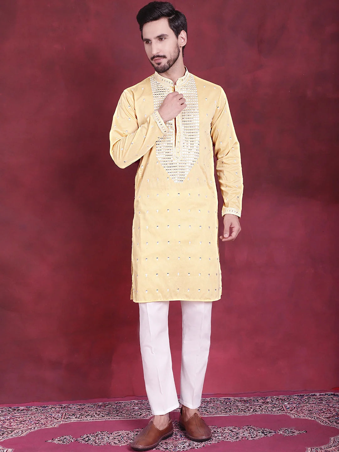 Yellow Sequins Mens Kurta - Indian Kurta for Men Online