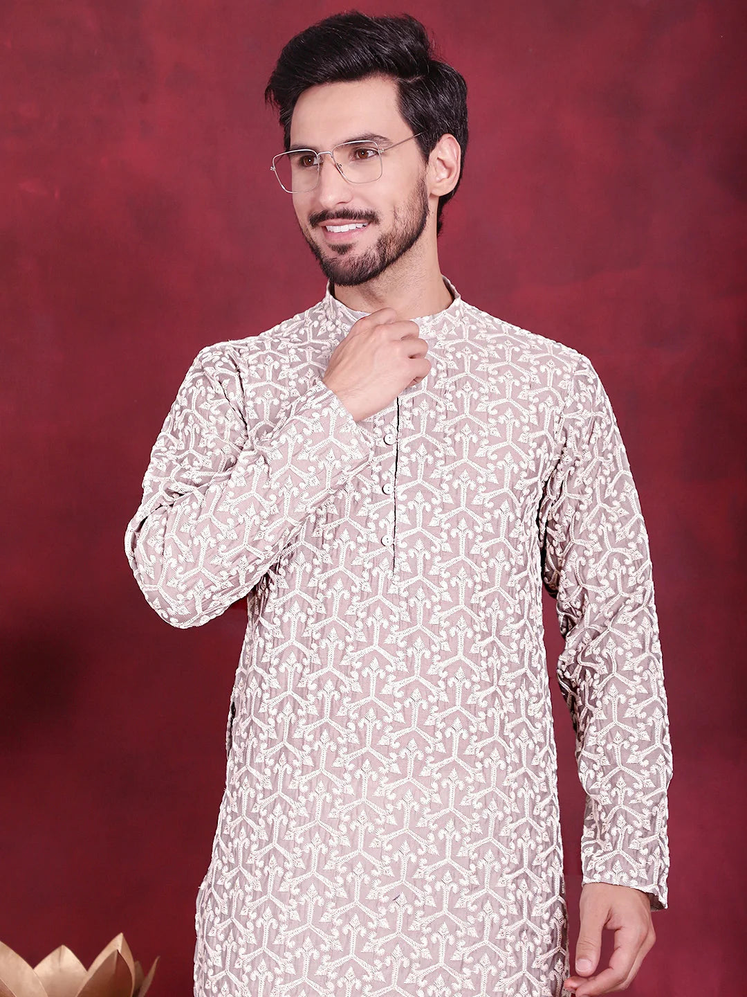 Grey Chikankari Mens Kurta - Indian Kurta for Men