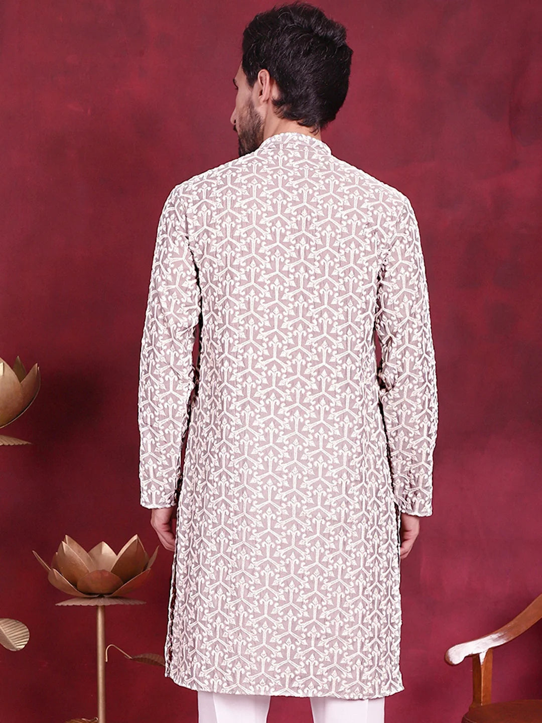 Grey Chikankari Mens Kurta - Indian Kurta for Men