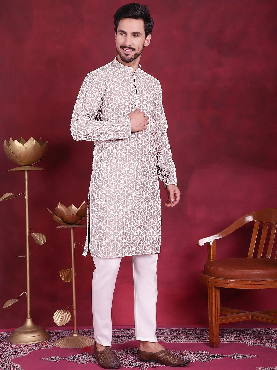 Grey Chikankari Mens Kurta - Indian Kurta for Men