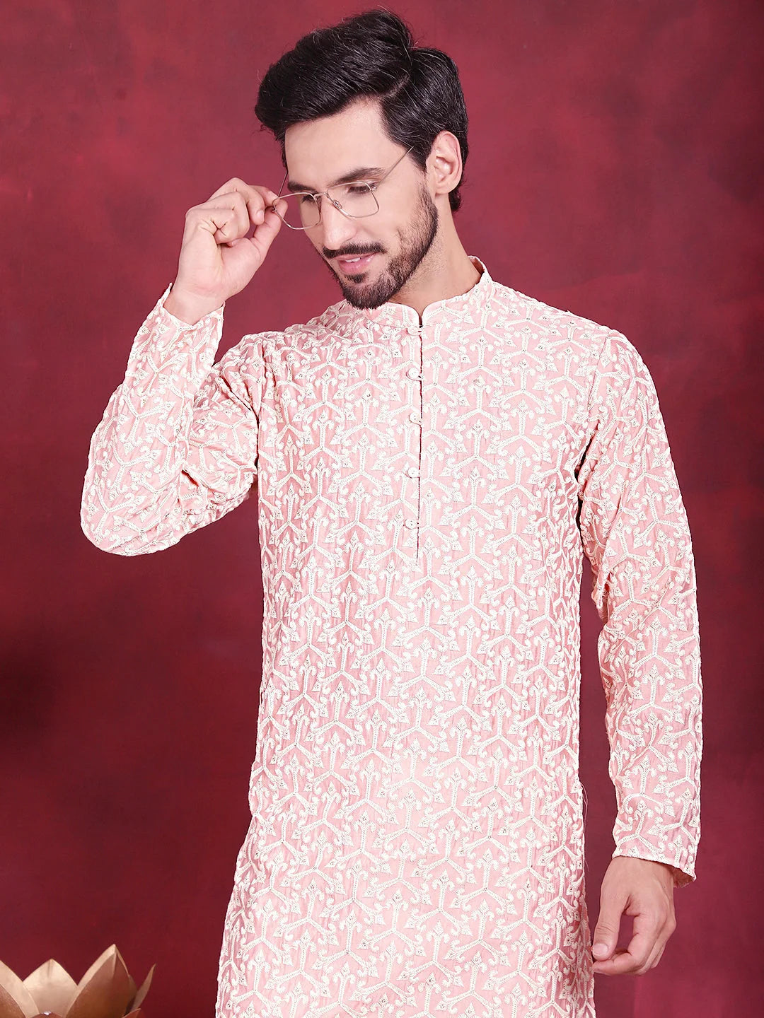 Pink Chikankari Mens Kurta - Indian Kurta for Men Online