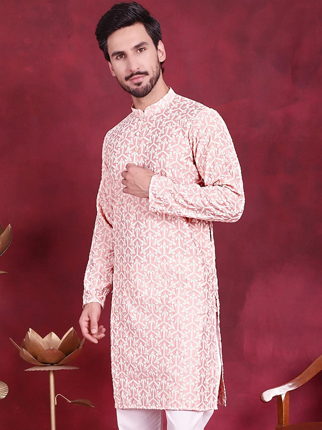 Pink Chikankari Mens Kurta - Indian Kurta for Men Online