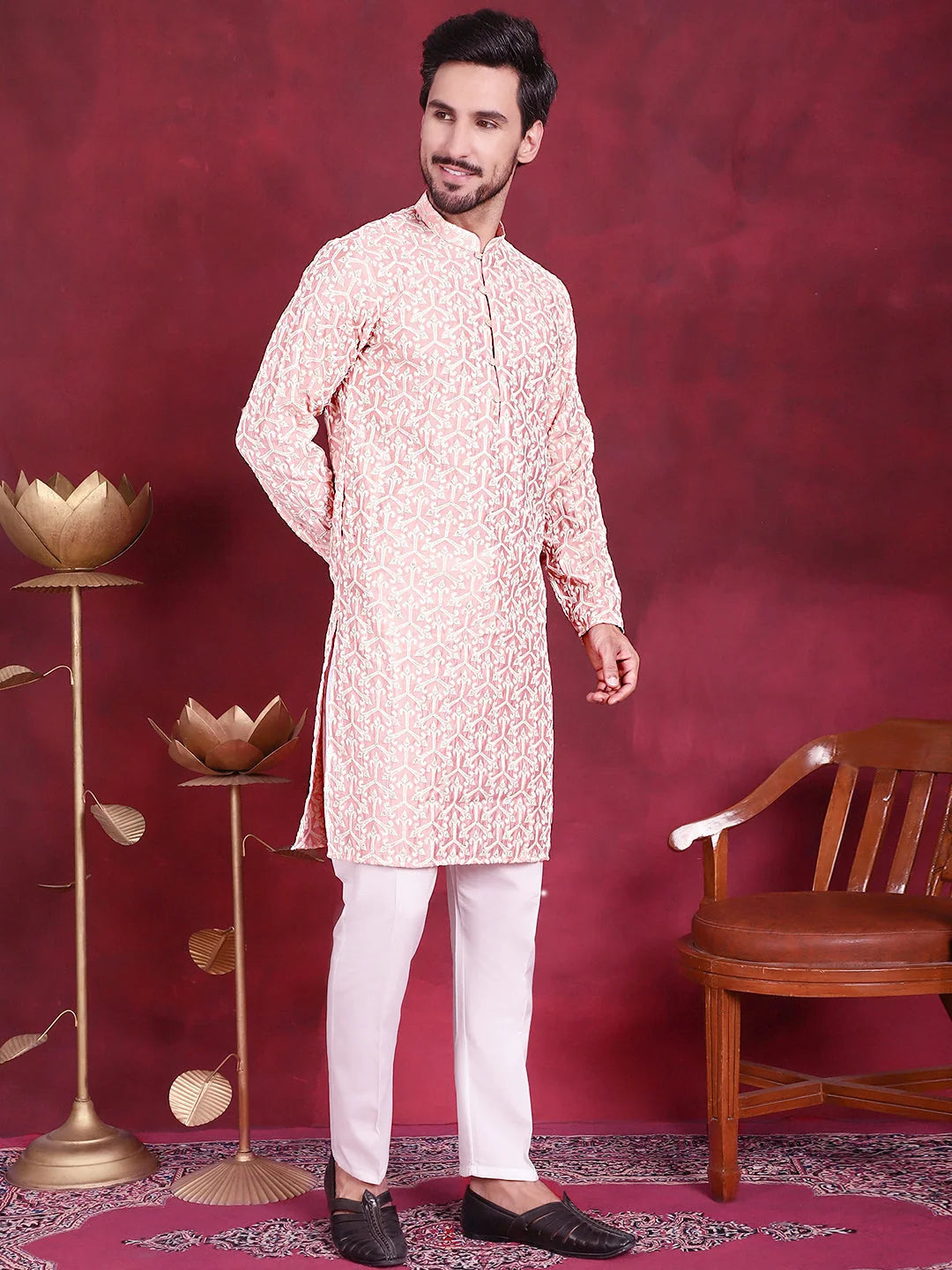 Pink Chikankari Mens Kurta - Indian Kurta for Men Online