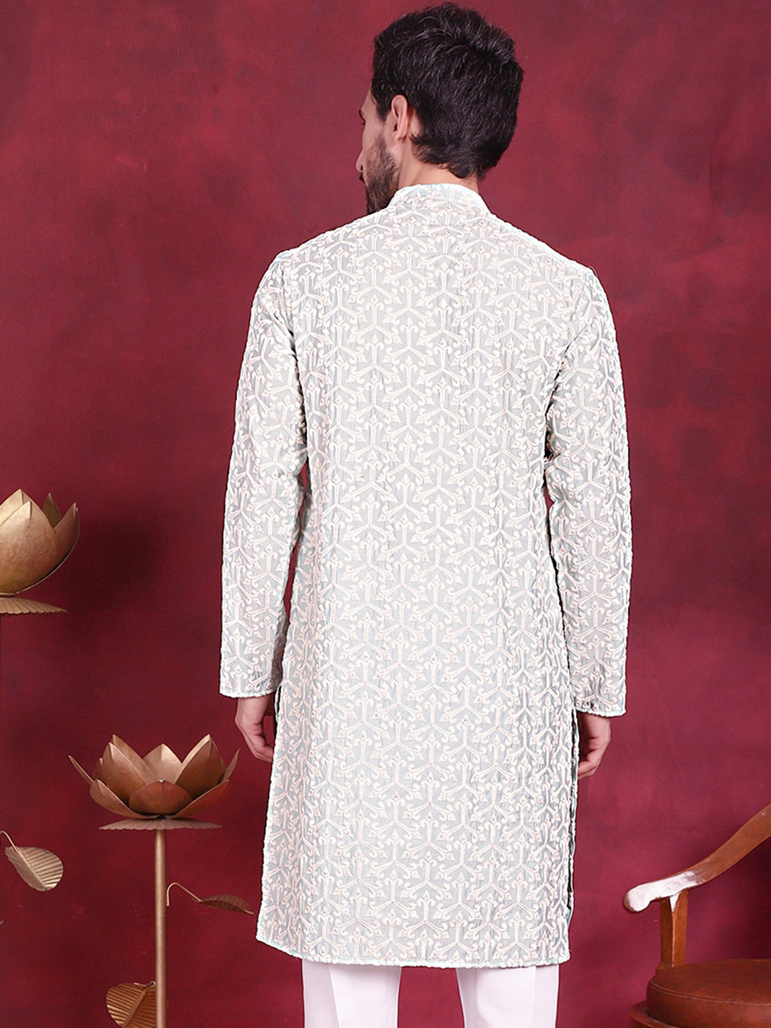 Men's Chikankari Embroidered Kurtas - Pista Indian Kurta