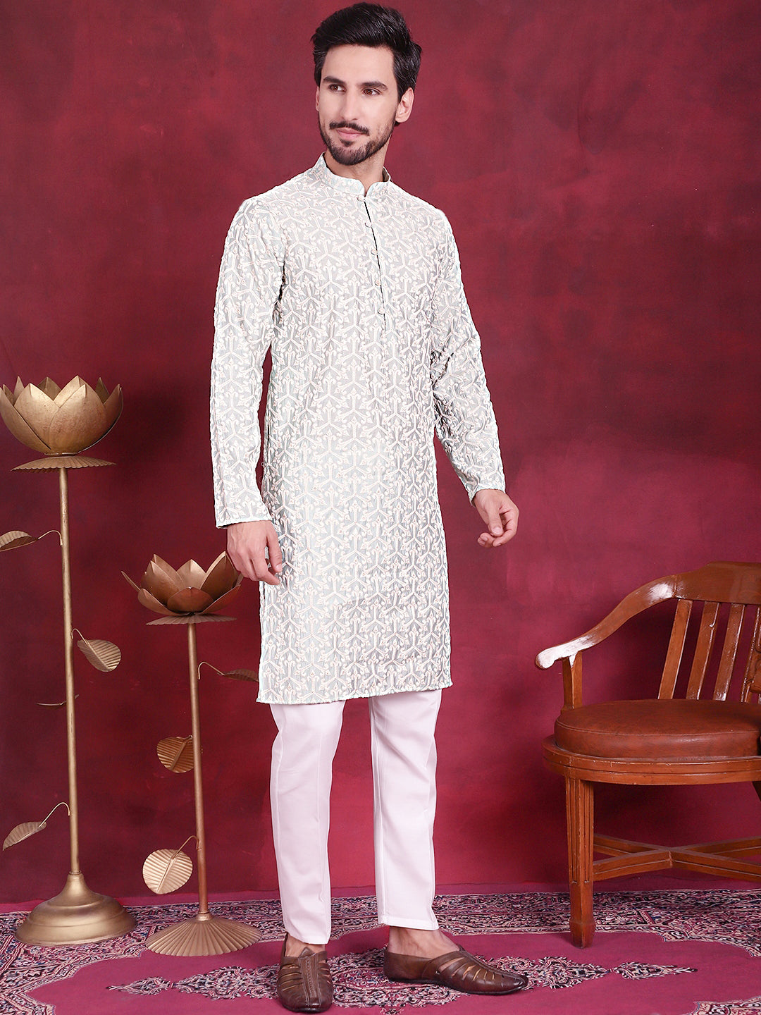 Men's Chikankari Embroidered Kurtas - Pista Indian Kurta