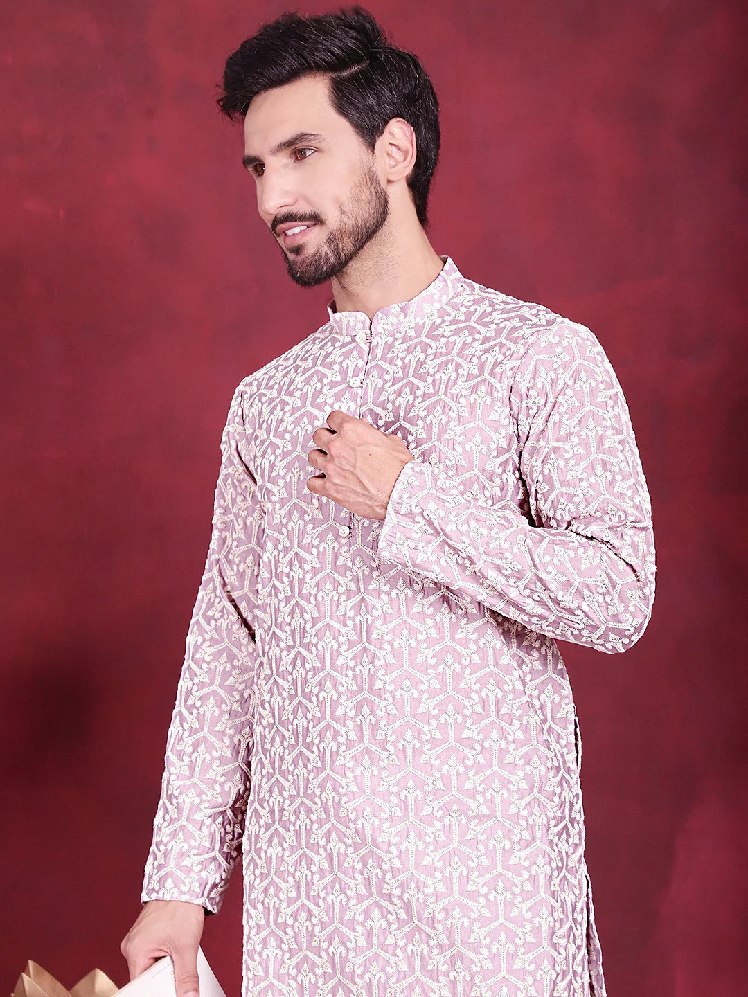 Purple Chikankari Mens Kurta - Indian Kurta for Men