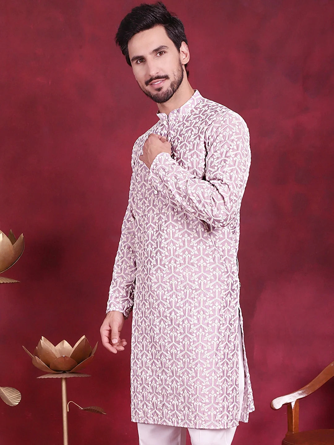 Purple Chikankari Mens Kurta - Indian Kurta for Men