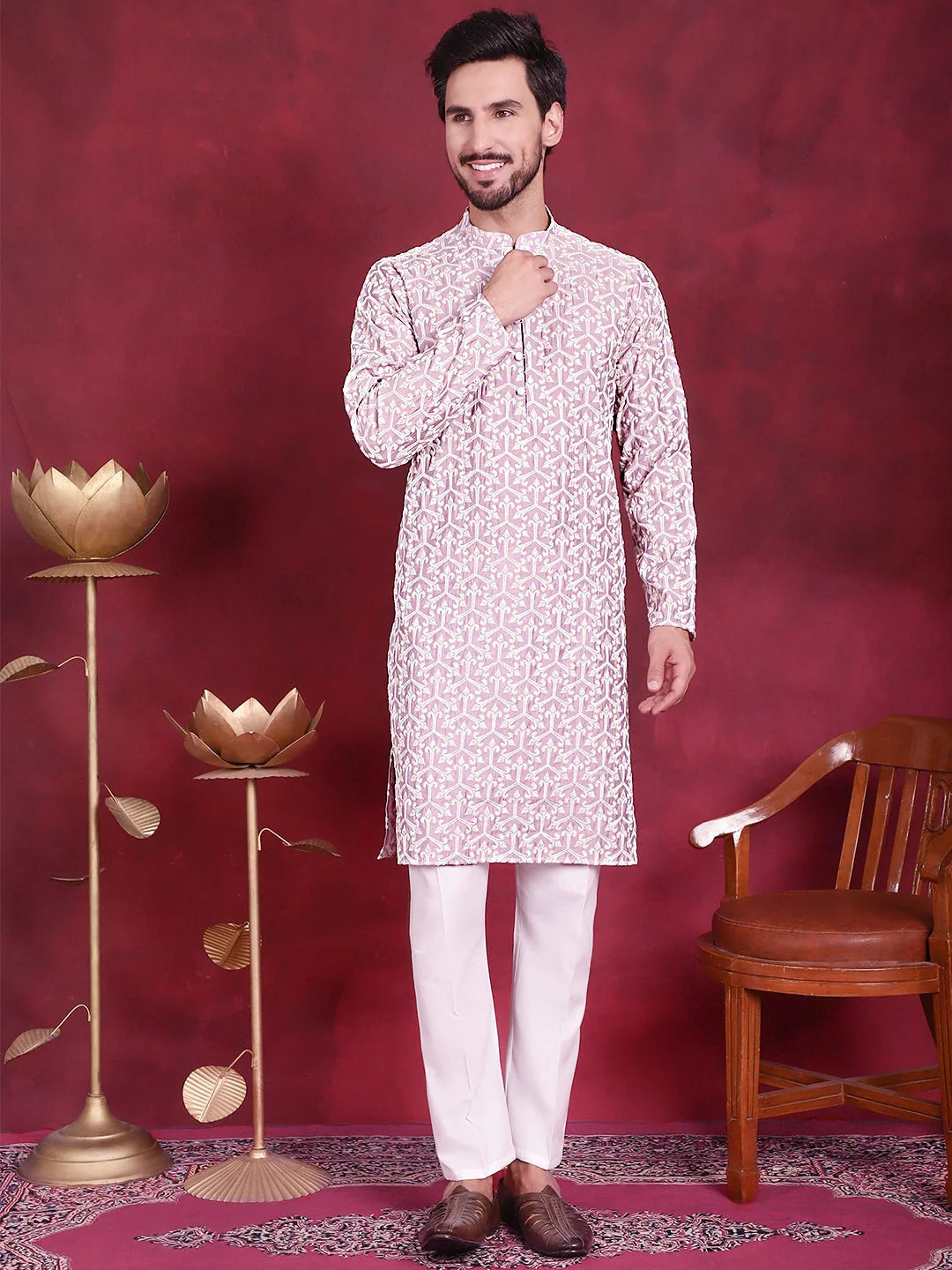 Purple Chikankari Mens Kurta - Indian Kurta for Men