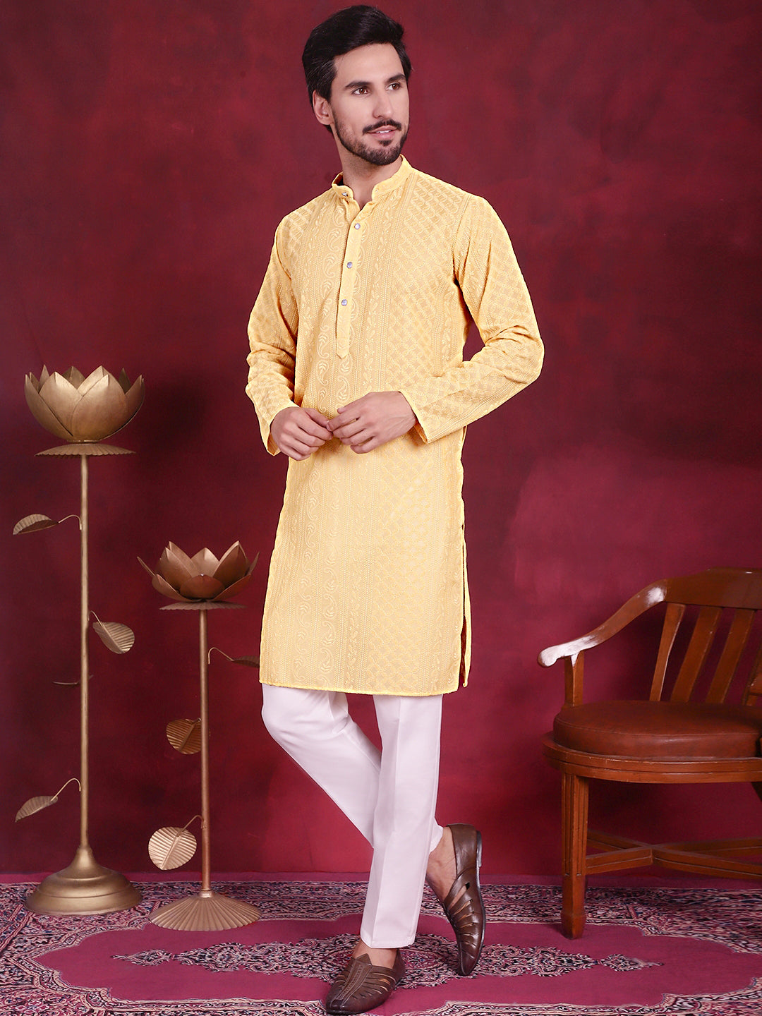 Men's Chikankari Embroidered Kurtas - Beige Indian Kurta