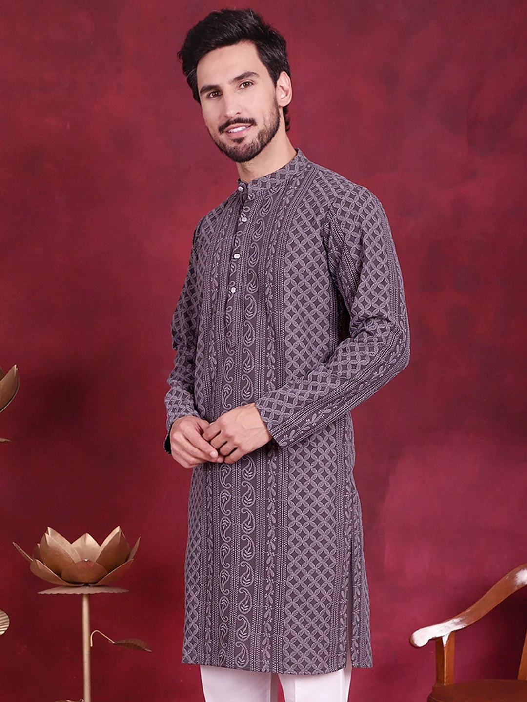 Men's Chikankari Embroidered Kurtas - Grey Indian Kurta