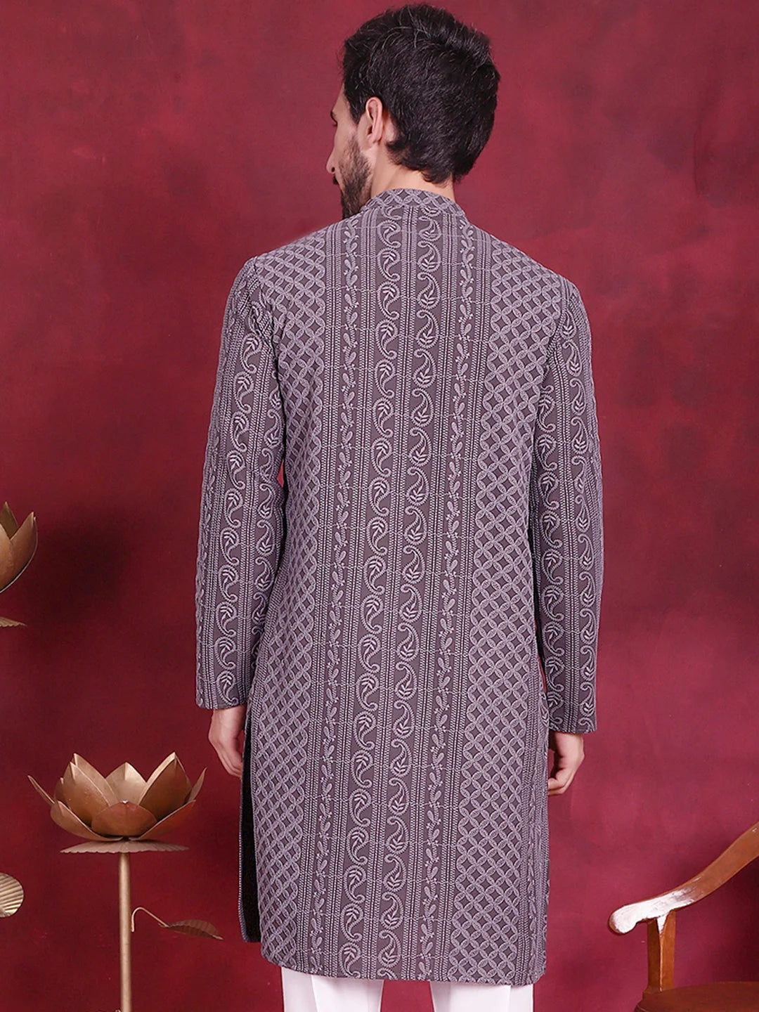 Men's Chikankari Embroidered Kurtas - Grey Indian Kurta