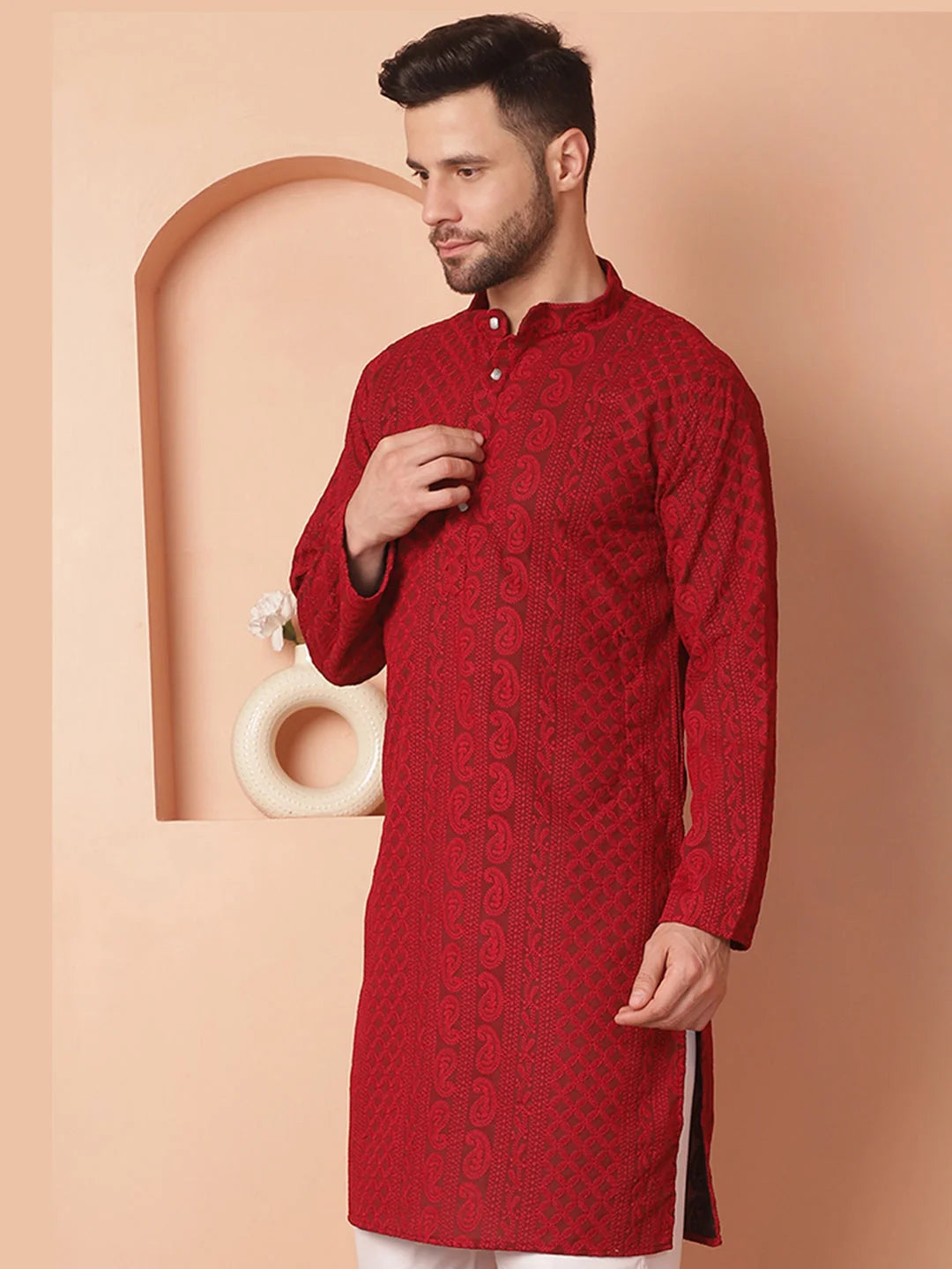Maroon Men's Kurta: Chikankari Embroidered Indian Kurta