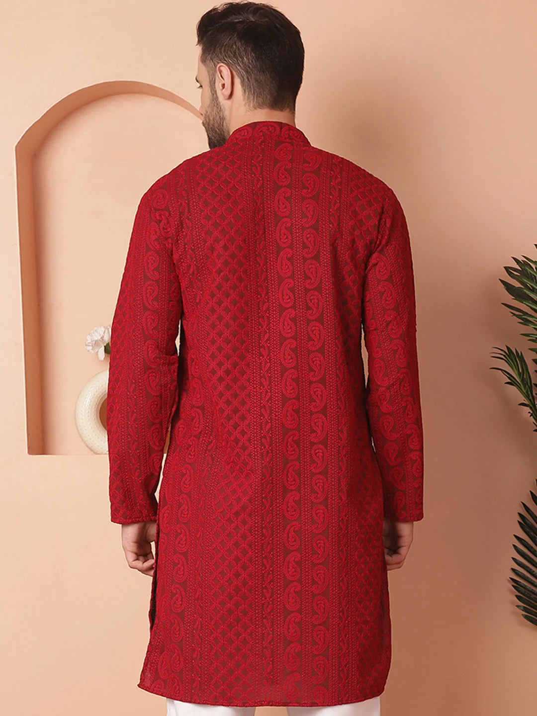 Maroon Men's Kurta: Chikankari Embroidered Indian Kurta