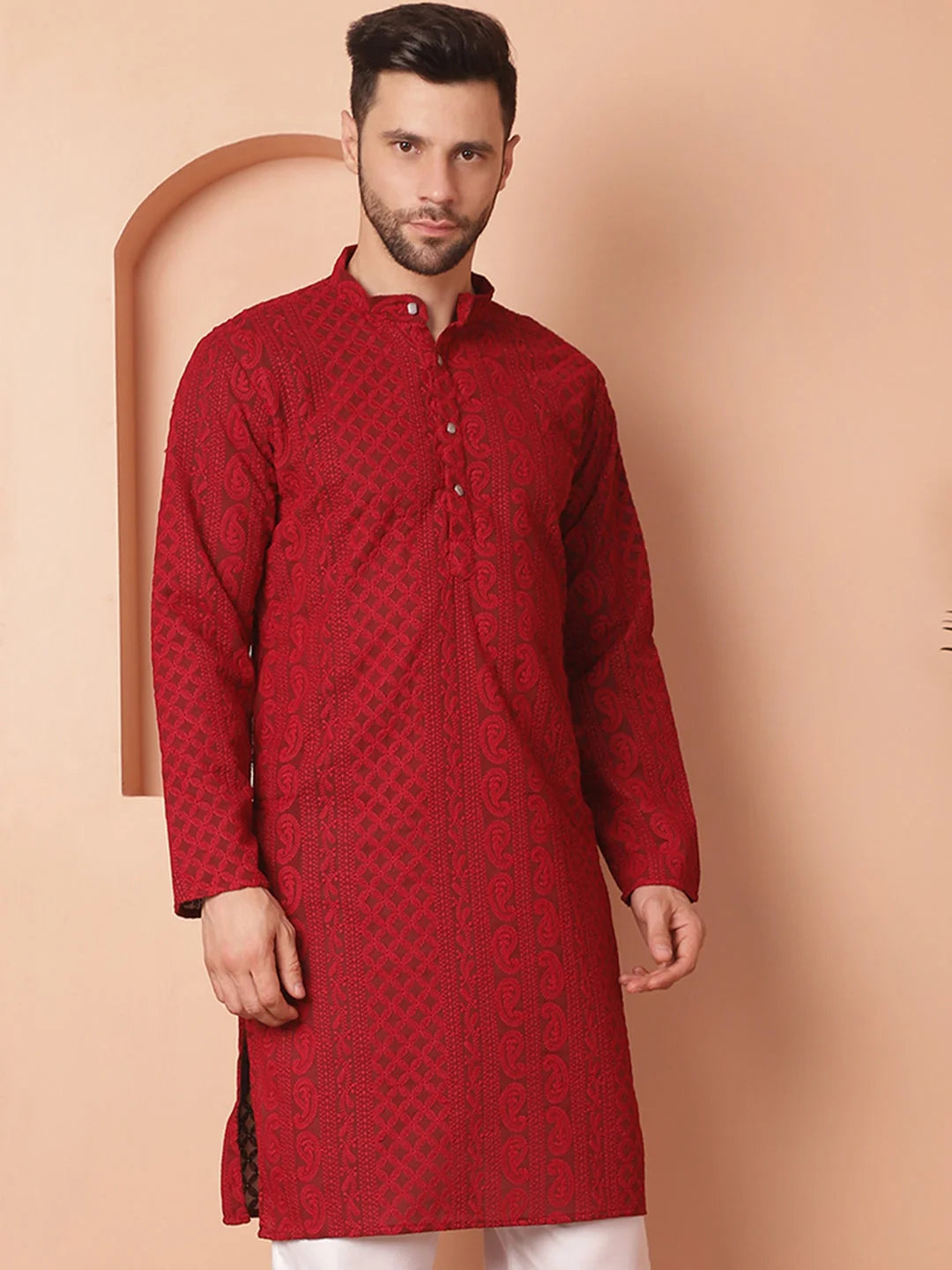 Maroon Men's Kurta: Chikankari Embroidered Indian Kurta