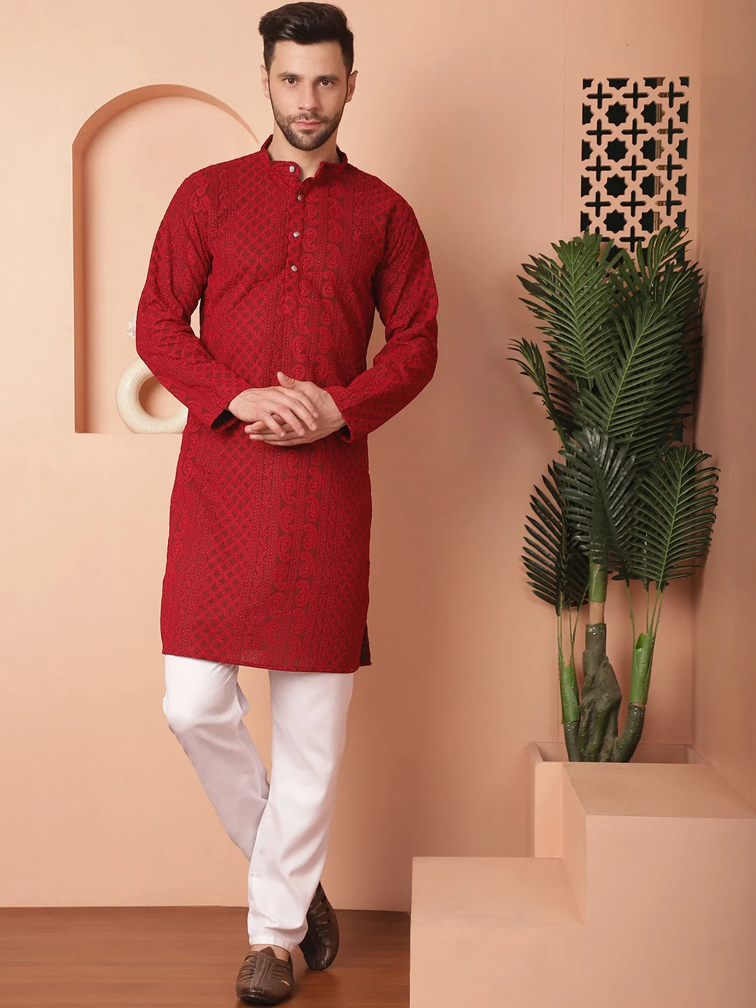 Maroon Men's Kurta: Chikankari Embroidered Indian Kurta