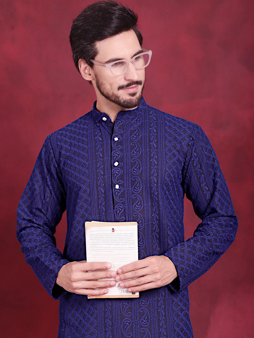 Men's Chikankari Embroidered Kurtas - Navy Indian Kurta