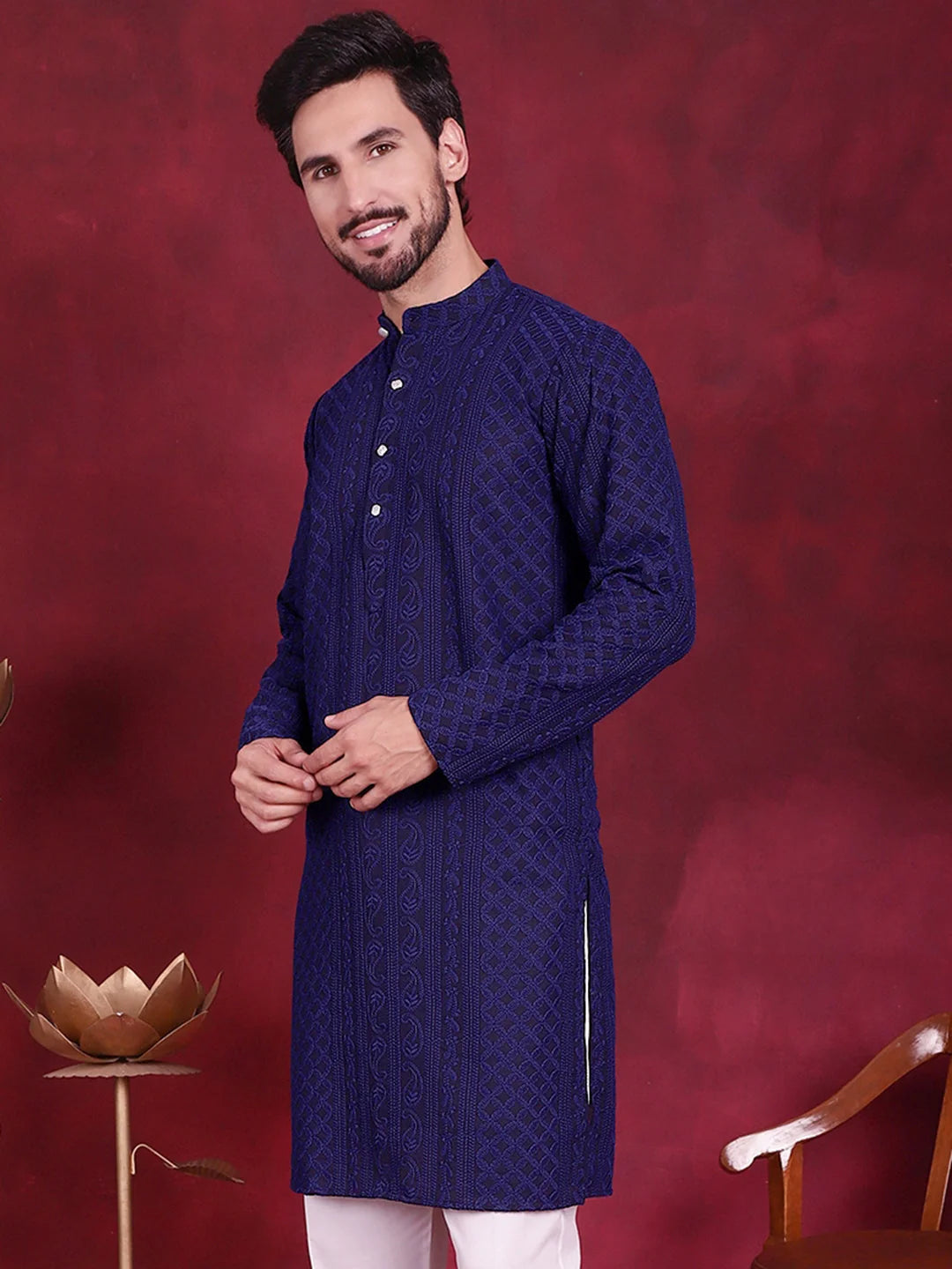 Men's Chikankari Embroidered Kurtas - Navy Indian Kurta