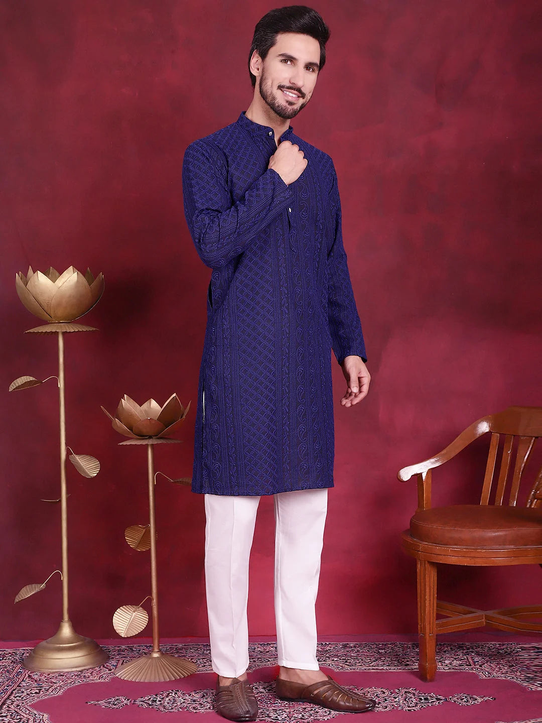 Men's Chikankari Embroidered Kurtas - Navy Indian Kurta