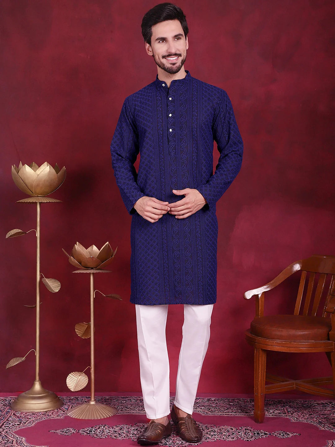Men's Chikankari Embroidered Kurtas - Navy Indian Kurta