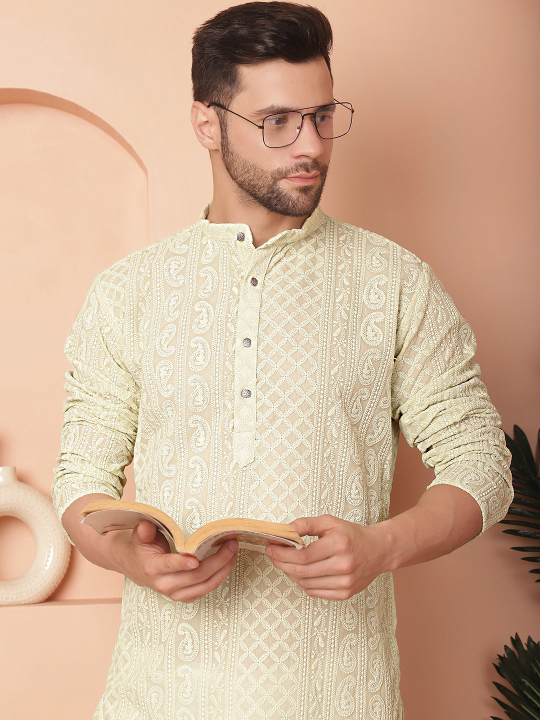Men's Kurta: Pista Green Chikankari Embroidered Indian Kurta