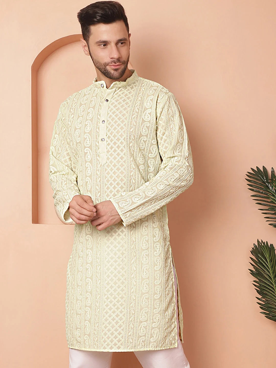 Men's Kurta: Pista Green Chikankari Embroidered Indian Kurta