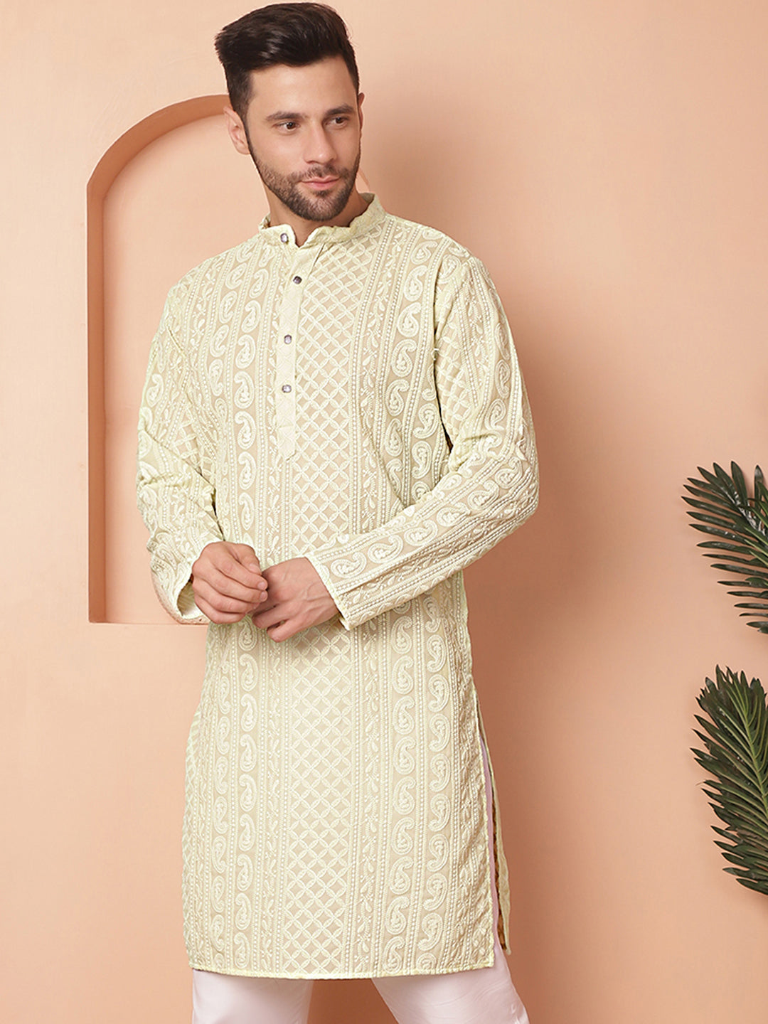 Men's Kurta: Pista Green Chikankari Embroidered Indian Kurta