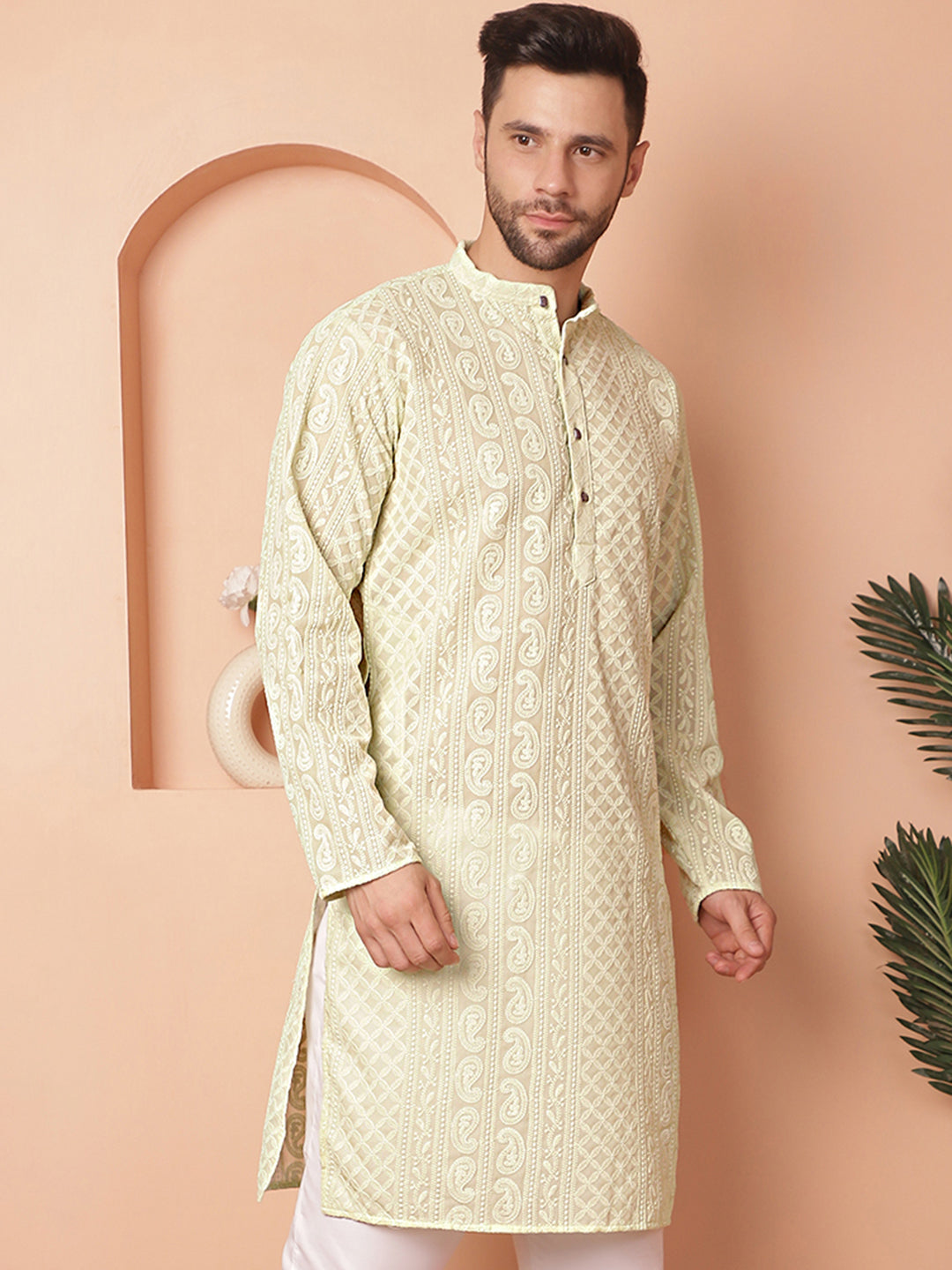 Men's Kurta: Pista Green Chikankari Embroidered Indian Kurta