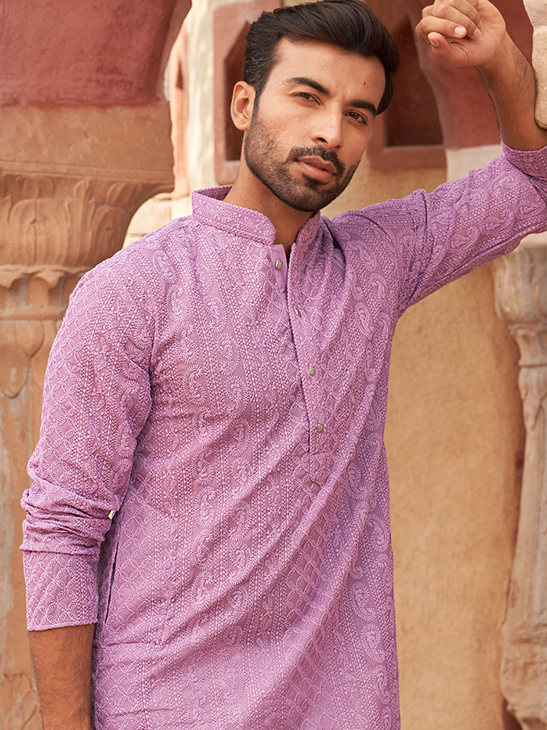 Men's Chikankari Embroidered Kurtas ( KO 5021 Purple ) [FF] [P-9]