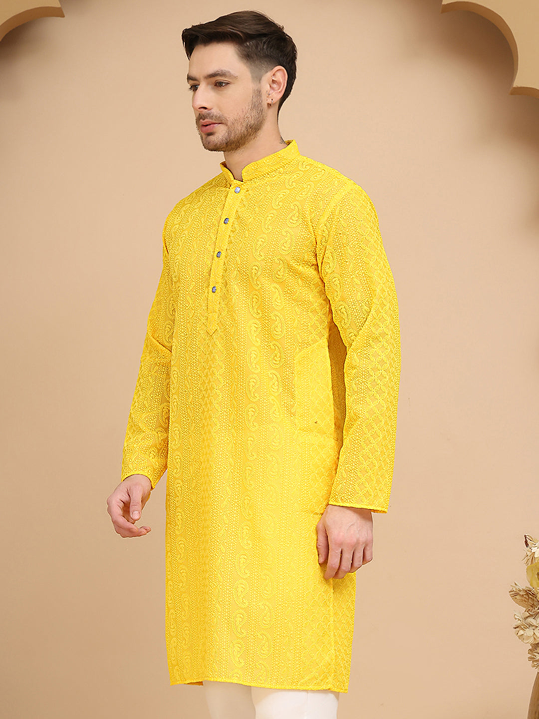 DesiQlo Men Embroidered Kurta Only - Yellow - KO_5021Yellow_S