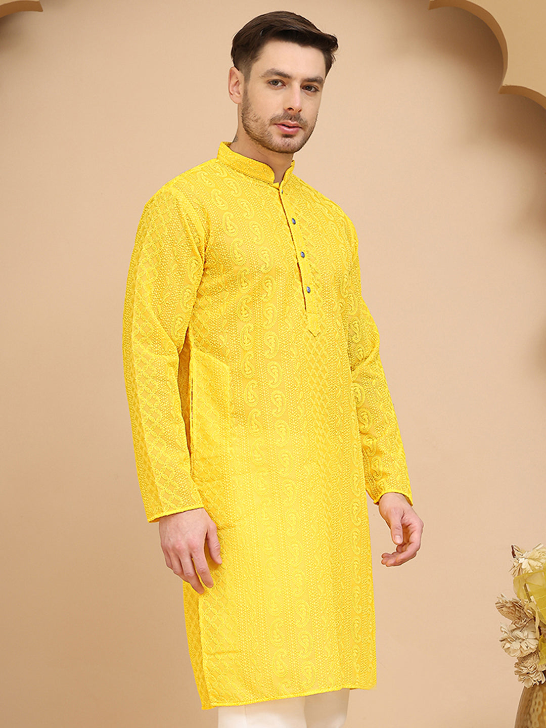 DesiQlo Men Embroidered Kurta Only - Yellow - KO_5021Yellow_S