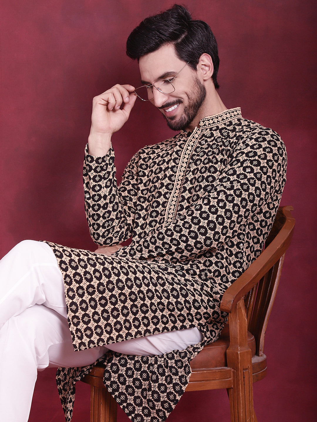 Men's Sequins Embroidered Kurtas - Black Mens Kurta