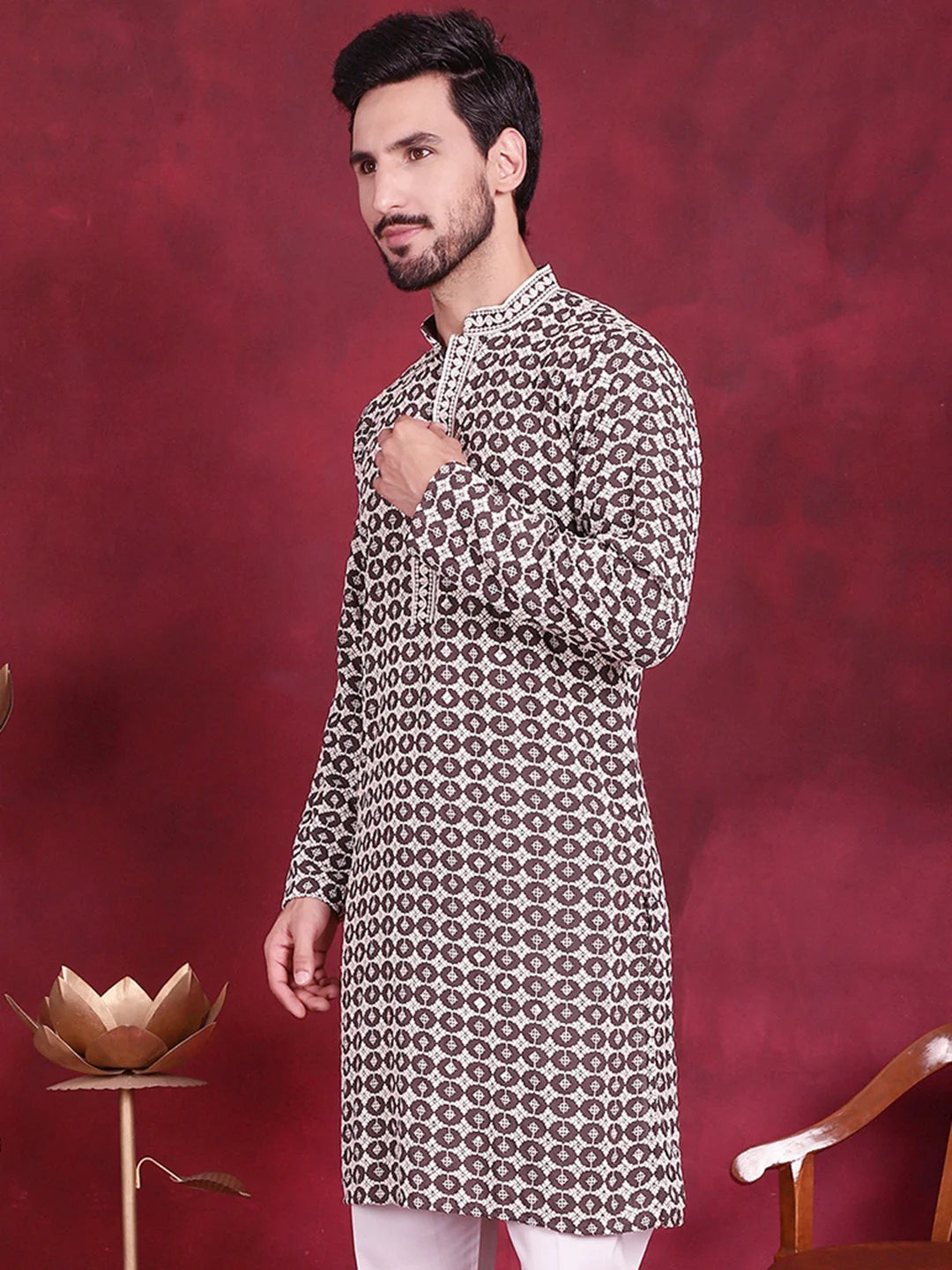 Brown Sequin Embroidered Men's Kurta | Indian Kurta for Men