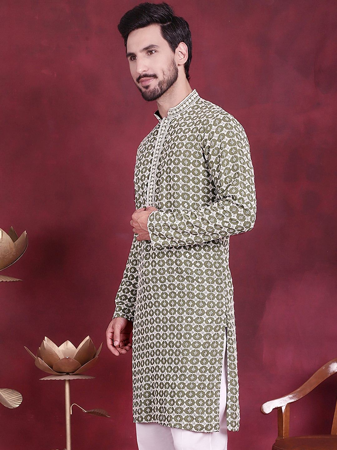 Mehndi Sequin Embroidered Men's Kurta | Indian Kurta for Men