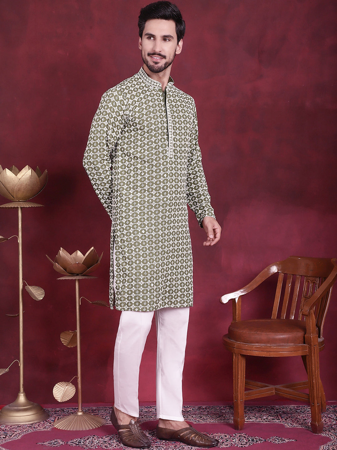 Mehndi Sequin Embroidered Men's Kurta | Indian Kurta for Men