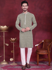 Men's Sequins Embroidered Kurtas ( KO 5023 Mehndi )