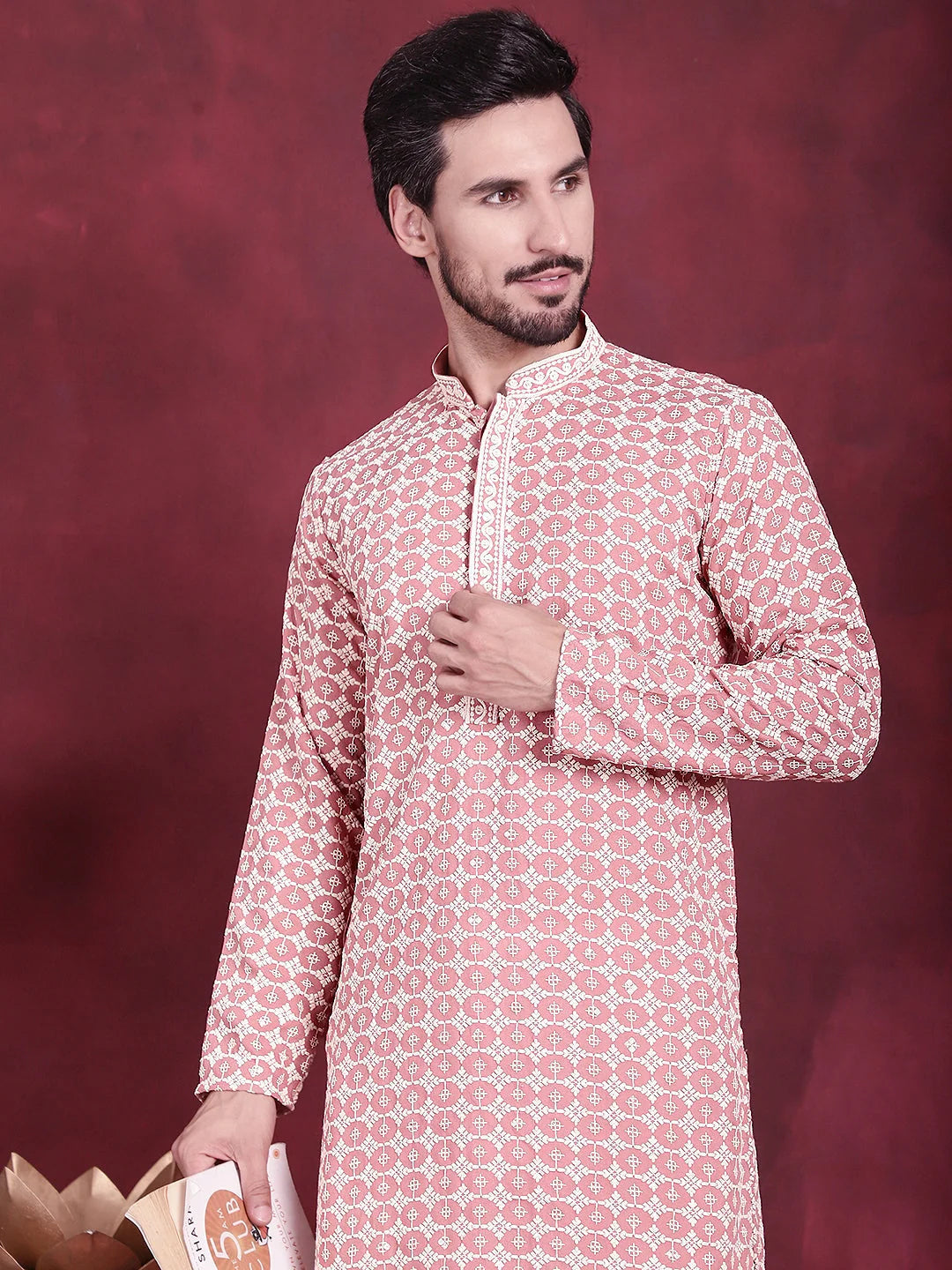 Peach Sequin Embroidered Men's Kurta | Indian Kurta for Men