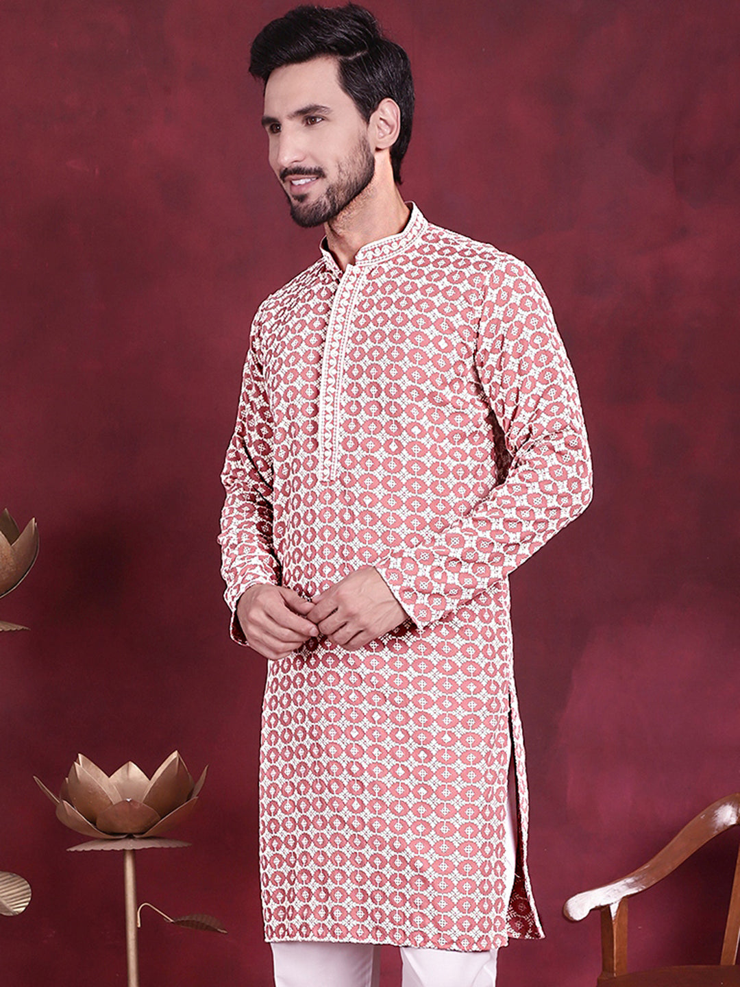Peach Sequin Embroidered Men's Kurta | Indian Kurta for Men
