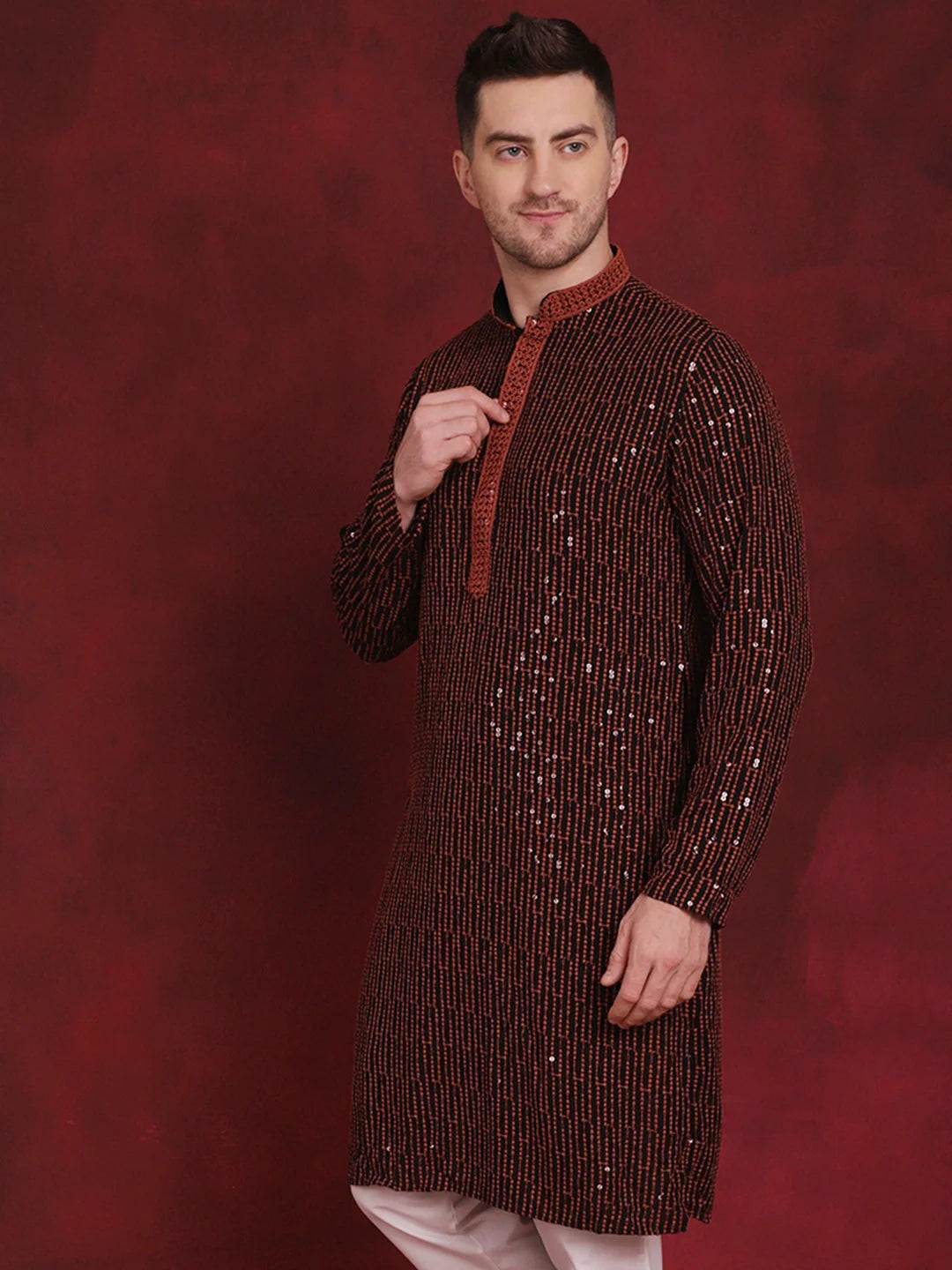 Orange Chikankari Kurta - Men's Indian Wedding Kurta for Men