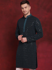 Men Sequins Chikankari Embroidered Kurtas ( KO 5024Peacock )