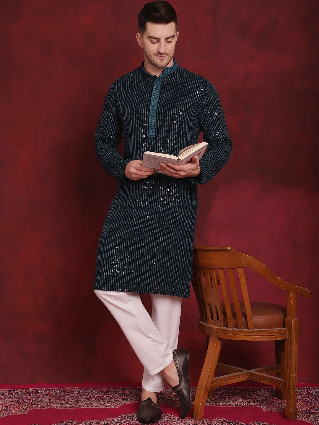 Peacock Chikankari Men's Kurta - Indian Wedding Kurta for Men