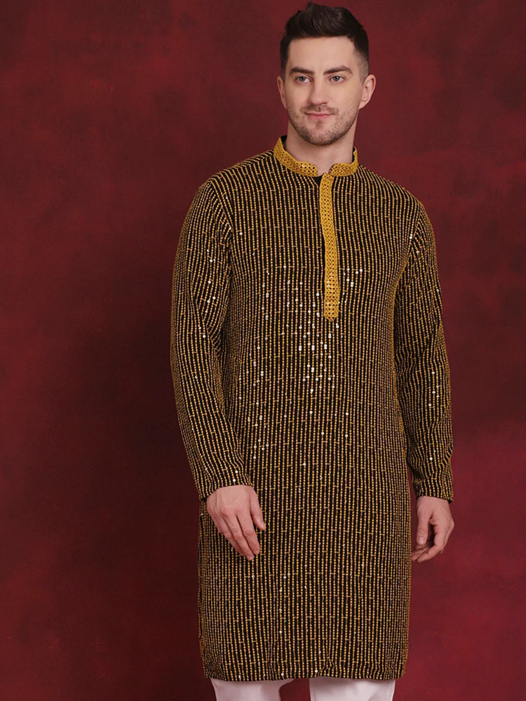 Yellow Sequin Chikankari Kurta - Mens Indian Kurta for Weddings