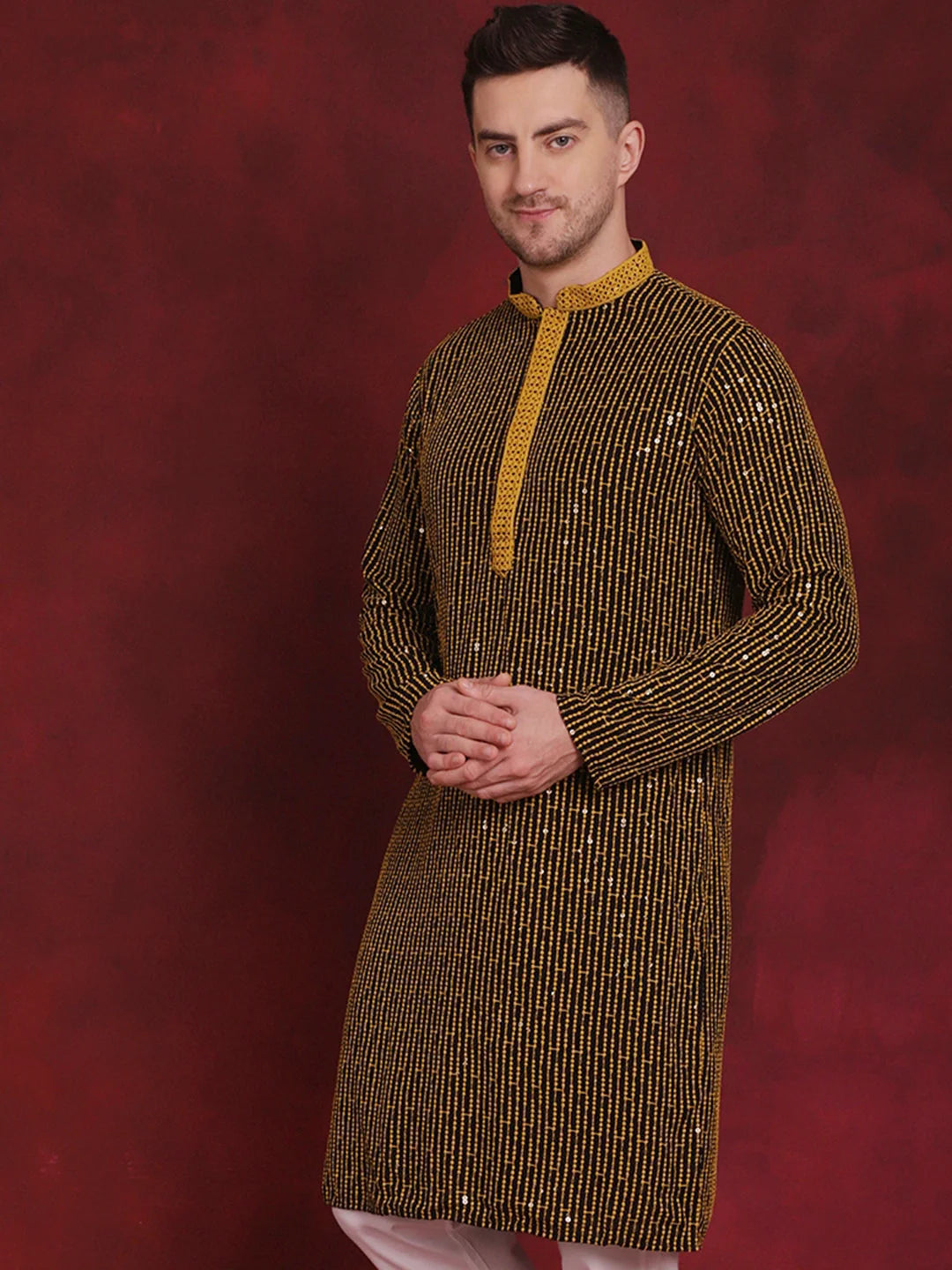 Yellow Sequin Chikankari Kurta - Mens Indian Kurta for Weddings
