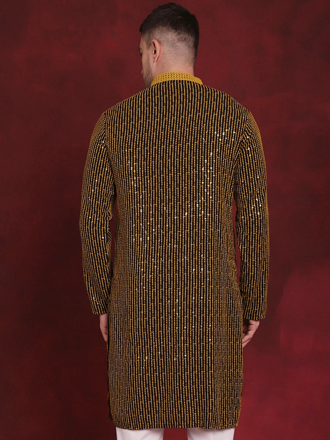 Yellow Sequin Chikankari Kurta - Mens Indian Kurta for Weddings